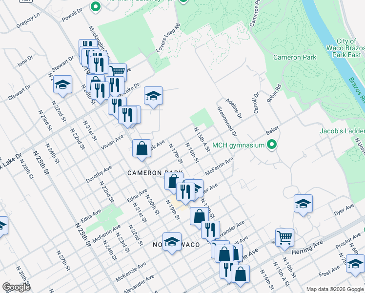 map of restaurants, bars, coffee shops, grocery stores, and more near 1600 Wilson Avenue in Waco