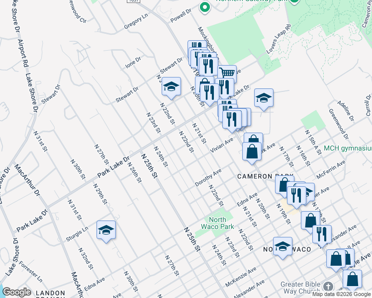 map of restaurants, bars, coffee shops, grocery stores, and more near 3625 North 23rd Street in Waco