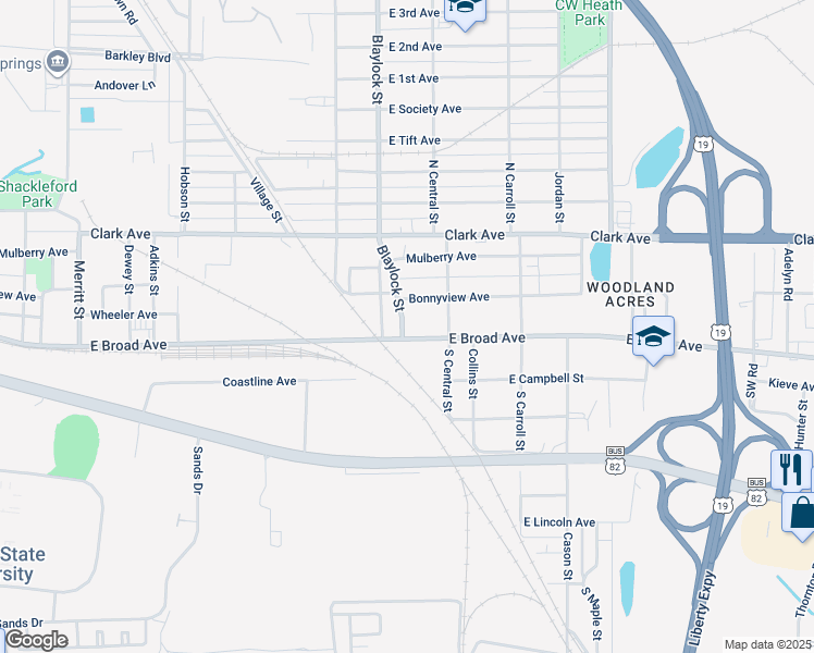 map of restaurants, bars, coffee shops, grocery stores, and more near 1192 East Broad Avenue in Albany