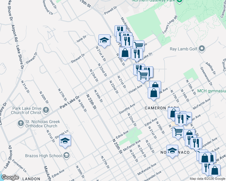 map of restaurants, bars, coffee shops, grocery stores, and more near 3625 North 23rd Street in Waco