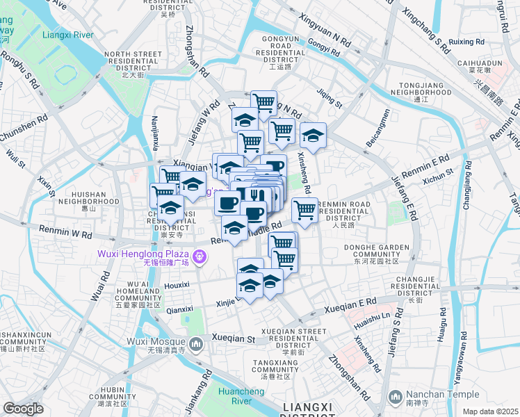 map of restaurants, bars, coffee shops, grocery stores, and more near 270 Zhong Shan Lu in Wu Xi Shi