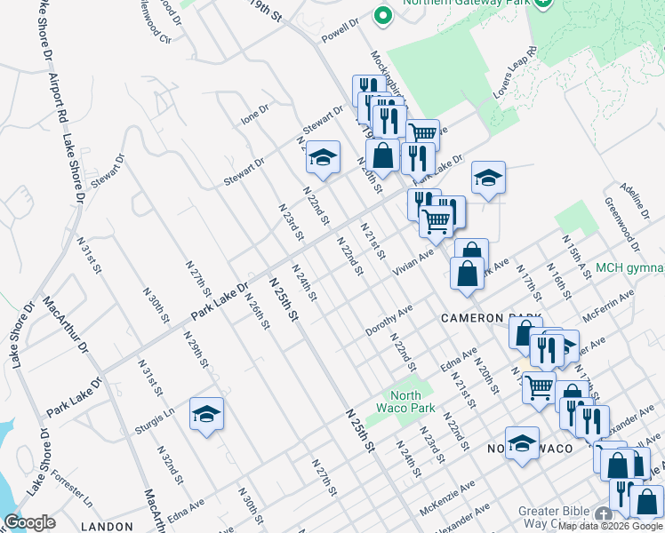 map of restaurants, bars, coffee shops, grocery stores, and more near 3625 North 23rd Street in Waco