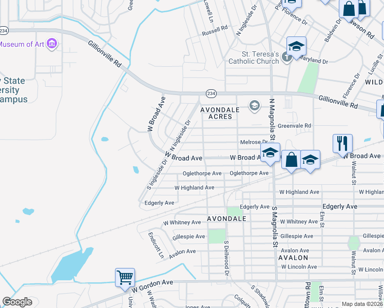 map of restaurants, bars, coffee shops, grocery stores, and more near 1907 West Broad Avenue in Albany
