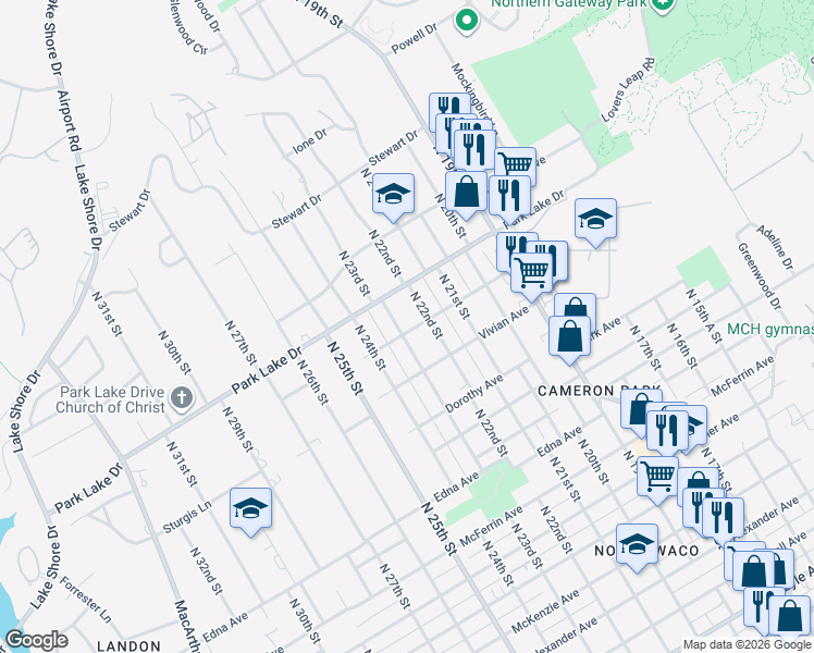map of restaurants, bars, coffee shops, grocery stores, and more near 3625 North 23rd Street in Waco