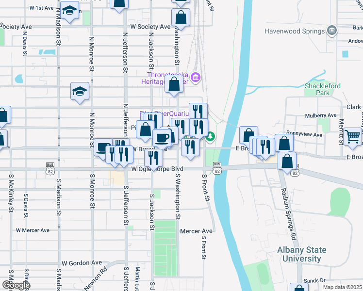 map of restaurants, bars, coffee shops, grocery stores, and more near 100 North Washington Street in Albany