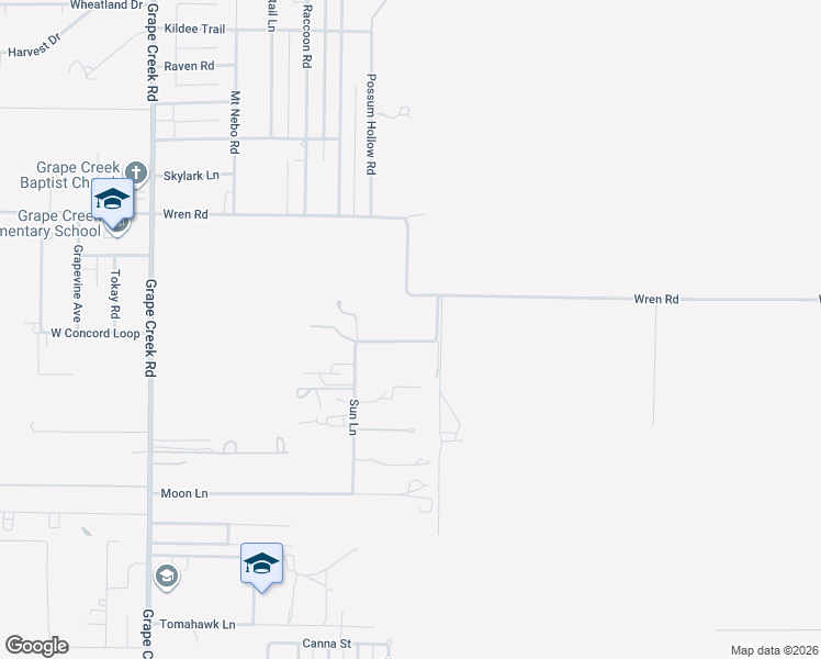 map of restaurants, bars, coffee shops, grocery stores, and more near 7234-7238 W Sun Ln in Grape Creek