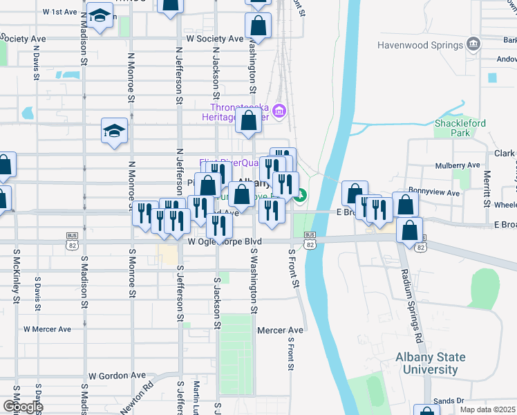 map of restaurants, bars, coffee shops, grocery stores, and more near 100 North Washington Street in Albany