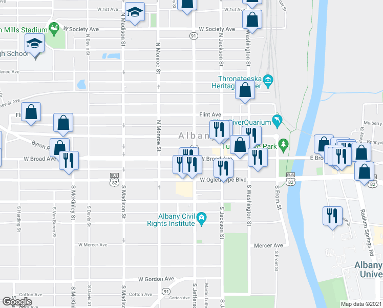 map of restaurants, bars, coffee shops, grocery stores, and more near 101 North Jefferson Street in Albany