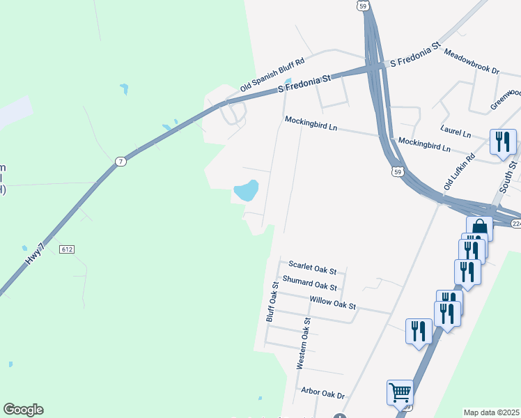 map of restaurants, bars, coffee shops, grocery stores, and more near 3409 Lake Forest Drive in Nacogdoches