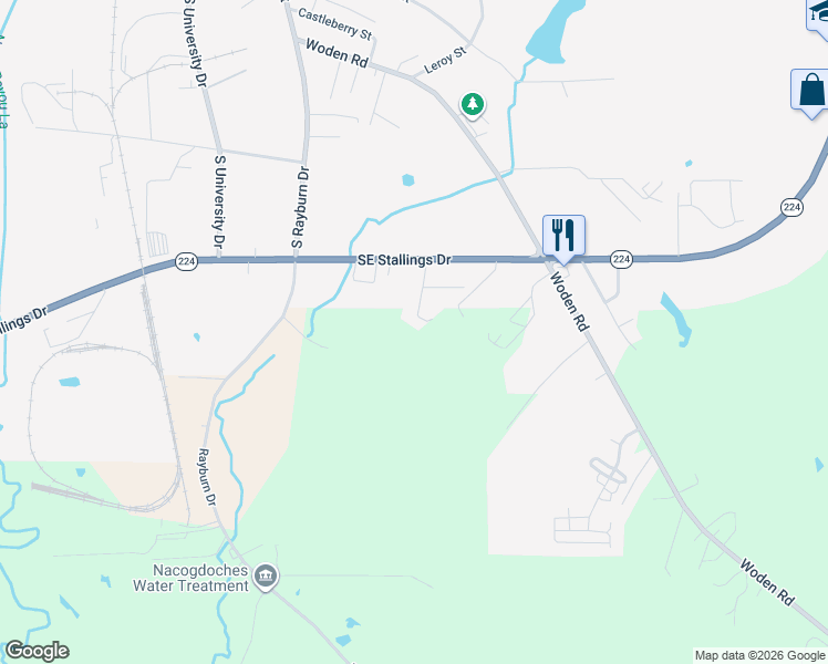 map of restaurants, bars, coffee shops, grocery stores, and more near 2530 Lovaire Street in Nacogdoches