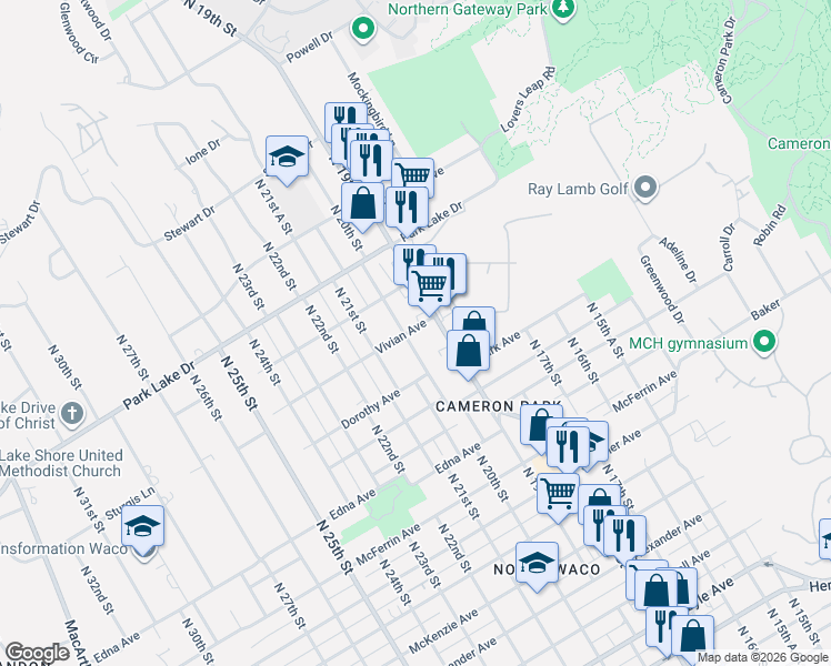 map of restaurants, bars, coffee shops, grocery stores, and more near 3601 North 19th Street in Waco