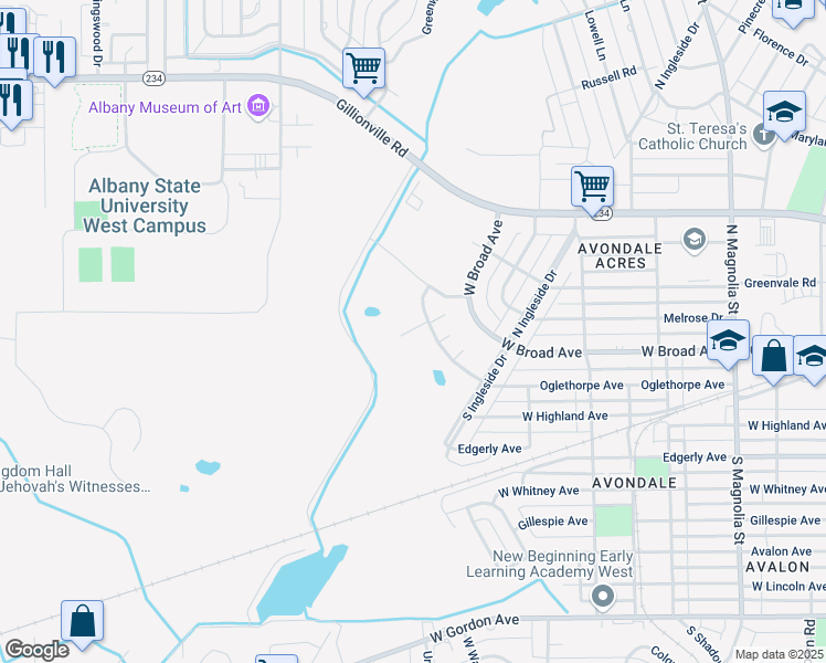 map of restaurants, bars, coffee shops, grocery stores, and more near 2024 Oglethorpe Avenue in Albany