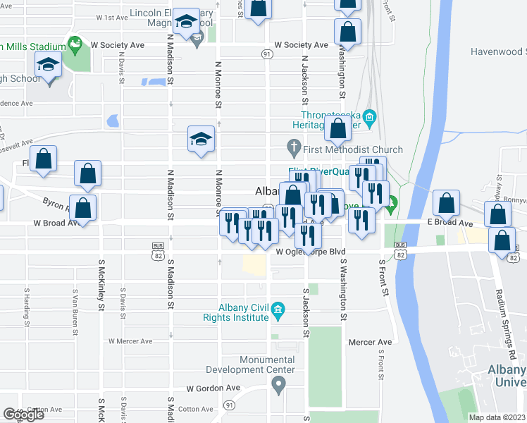 map of restaurants, bars, coffee shops, grocery stores, and more near 103 North Jefferson Street in Albany