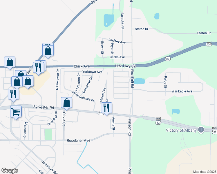 map of restaurants, bars, coffee shops, grocery stores, and more near 132 Force Drive in Albany