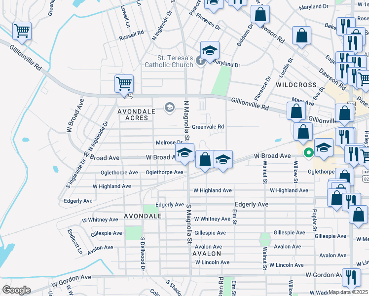 map of restaurants, bars, coffee shops, grocery stores, and more near 109 North Magnolia Street in Albany