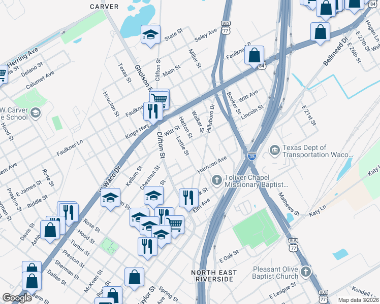 map of restaurants, bars, coffee shops, grocery stores, and more near 414 Hatton Street in Waco
