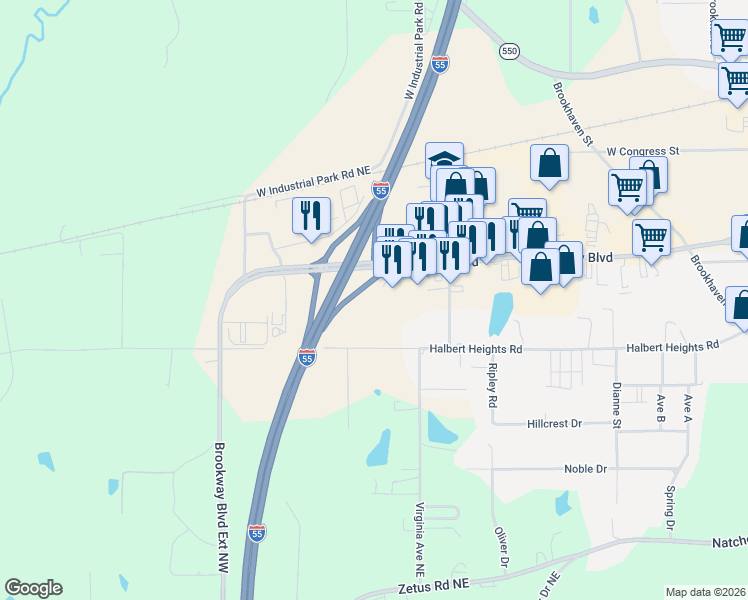 map of restaurants, bars, coffee shops, grocery stores, and more near Hampton Drive in Brookhaven