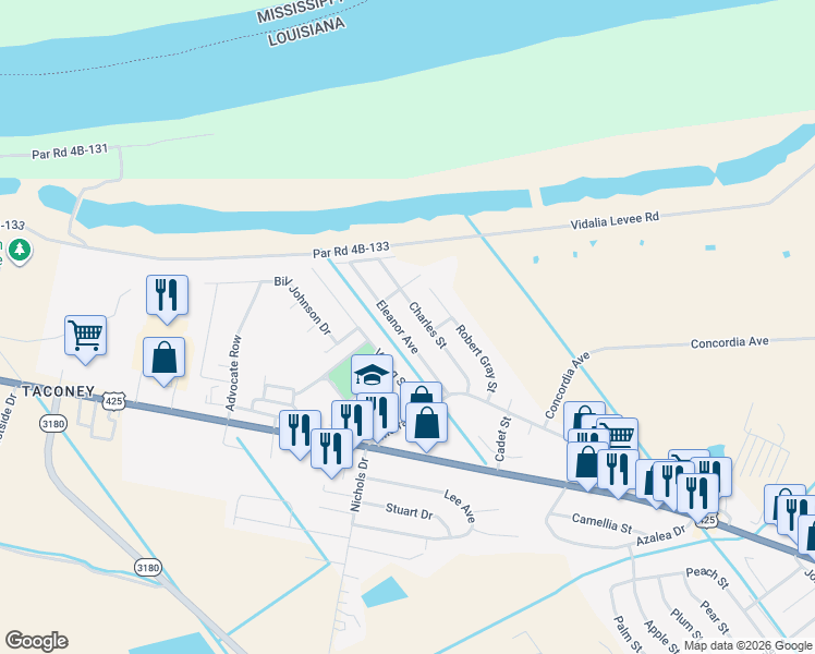 map of restaurants, bars, coffee shops, grocery stores, and more near 2057 Eleanor Avenue in Vidalia