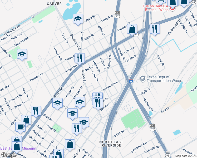 map of restaurants, bars, coffee shops, grocery stores, and more near 414 Hatton Street in Waco