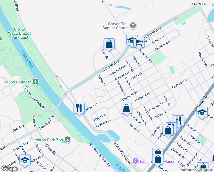 map of restaurants, bars, coffee shops, grocery stores, and more near 514 Dunbar Avenue in Waco