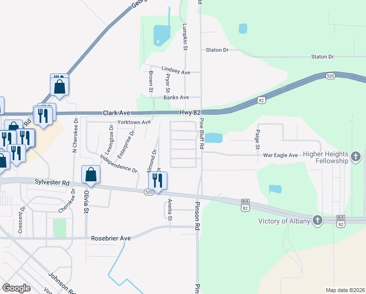 map of restaurants, bars, coffee shops, grocery stores, and more near 211 Pine Bluff Road in Albany