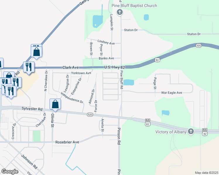 map of restaurants, bars, coffee shops, grocery stores, and more near 211 Pine Bluff Road in Albany