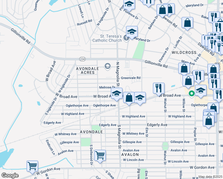 map of restaurants, bars, coffee shops, grocery stores, and more near 1711 Melrose Drive in Albany