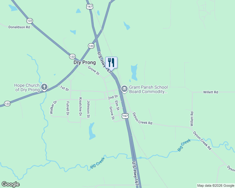 map of restaurants, bars, coffee shops, grocery stores, and more near 1st in Dry Prong