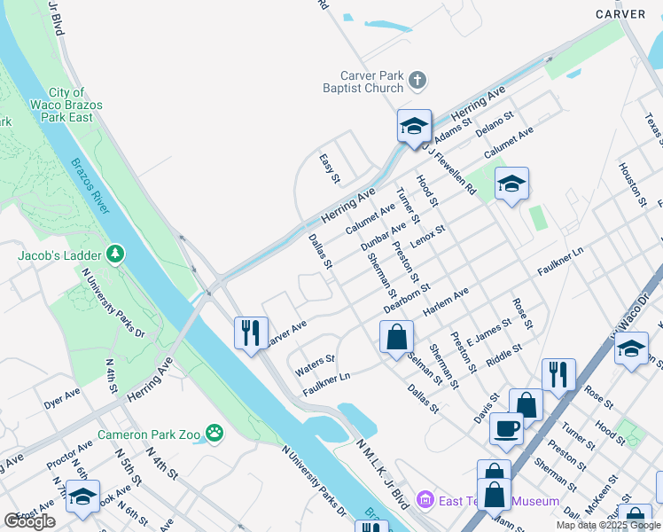 map of restaurants, bars, coffee shops, grocery stores, and more near 514 Dunbar Avenue in Waco