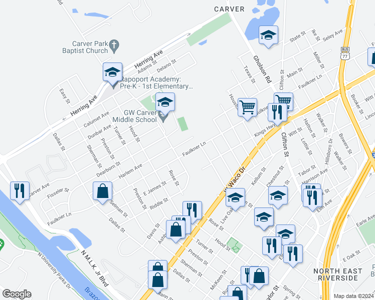 map of restaurants, bars, coffee shops, grocery stores, and more near 1120 Faulkner Lane in Waco