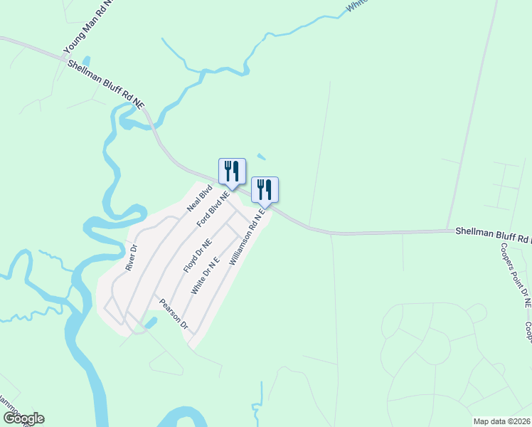 map of restaurants, bars, coffee shops, grocery stores, and more near 6082 Shellman Bluff Road Northeast in Townsend