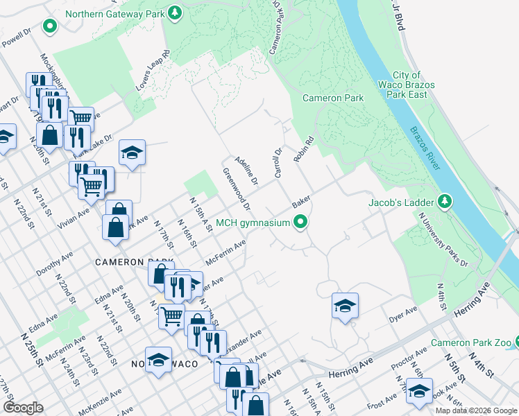 map of restaurants, bars, coffee shops, grocery stores, and more near 1301 Baker in Waco