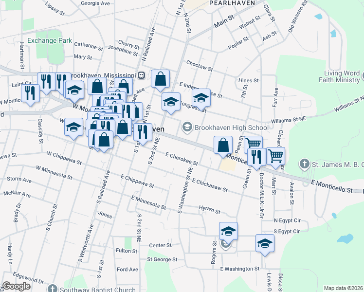 map of restaurants, bars, coffee shops, grocery stores, and more near 301-499 East Cherokee Street in Brookhaven