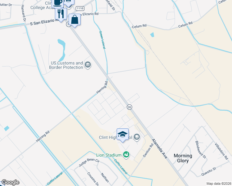 map of restaurants, bars, coffee shops, grocery stores, and more near 13615 Pecos River Road in Clint