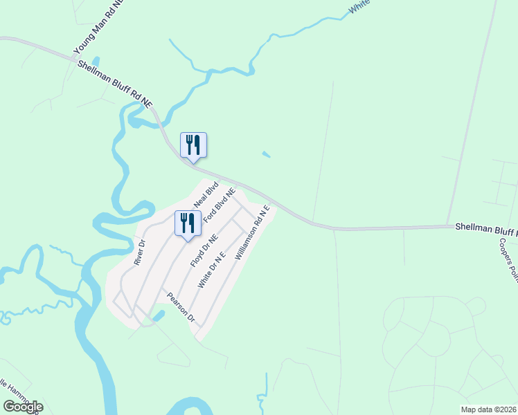 map of restaurants, bars, coffee shops, grocery stores, and more near 6082 Shellman Bluff Road Northeast in Townsend