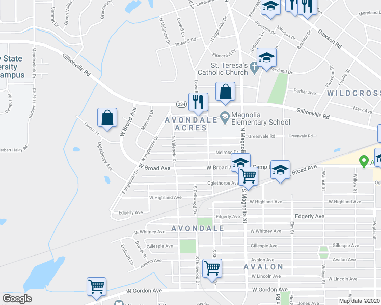 map of restaurants, bars, coffee shops, grocery stores, and more near 1812 Melrose Drive in Albany