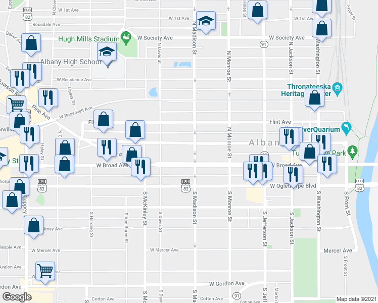 map of restaurants, bars, coffee shops, grocery stores, and more near 600 Pine Avenue in Albany