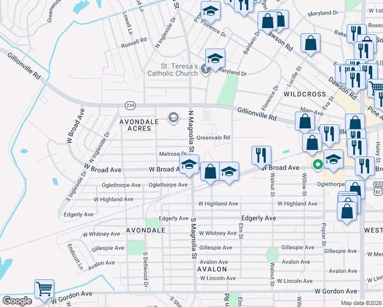 map of restaurants, bars, coffee shops, grocery stores, and more near 201 North Magnolia Street in Albany