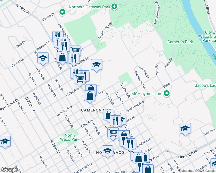 map of restaurants, bars, coffee shops, grocery stores, and more near 1619 Clark Avenue in Waco