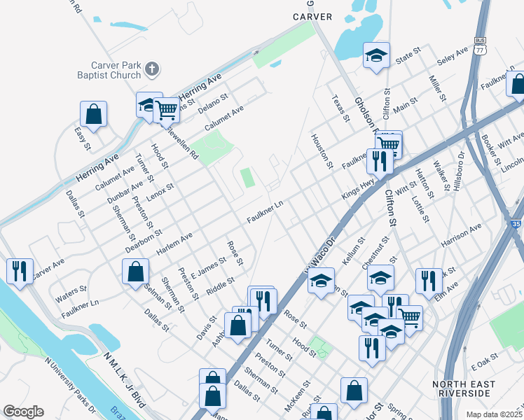map of restaurants, bars, coffee shops, grocery stores, and more near 1136 Faulkner Lane in Waco