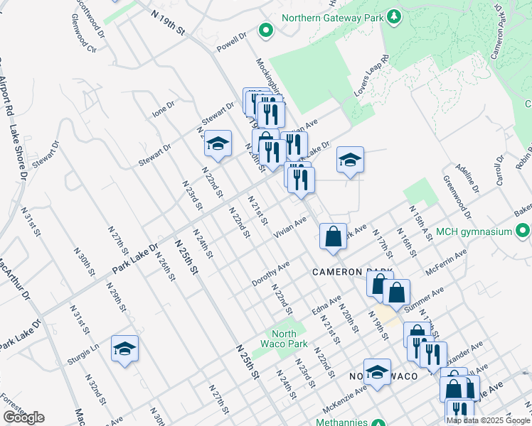 map of restaurants, bars, coffee shops, grocery stores, and more near 3704 North 21st Street in Waco