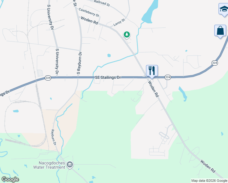 map of restaurants, bars, coffee shops, grocery stores, and more near 2530 Lovaire Street in Nacogdoches