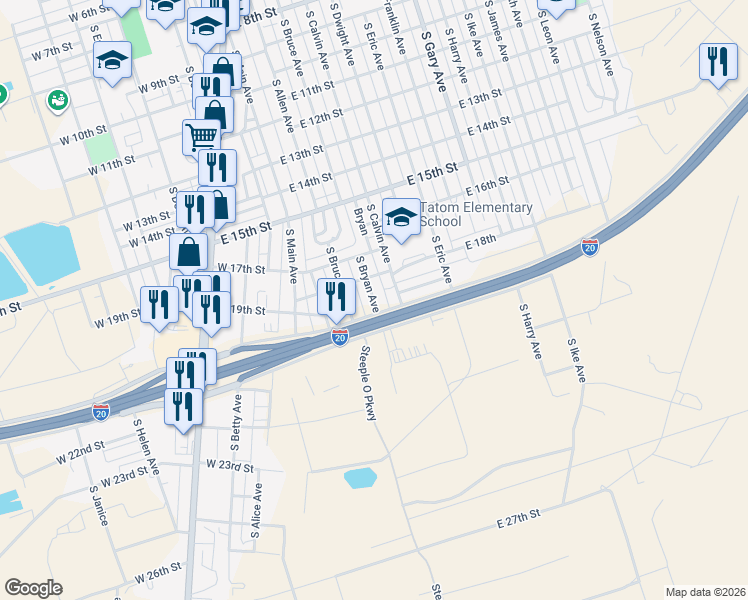 map of restaurants, bars, coffee shops, grocery stores, and more near 1899 South Bryan Avenue in Monahans