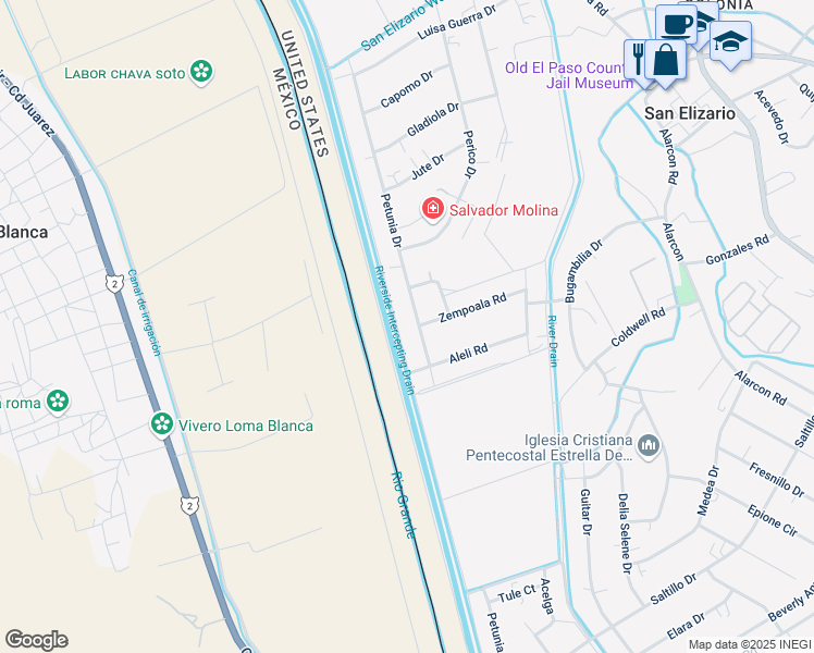map of restaurants, bars, coffee shops, grocery stores, and more near 13043 Petunia Drive in San Elizario