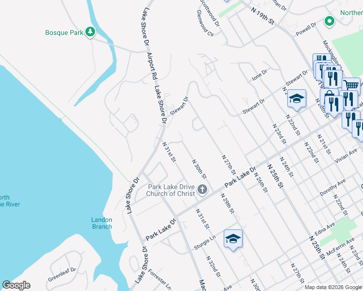 map of restaurants, bars, coffee shops, grocery stores, and more near 4117 North 30th Street in Waco