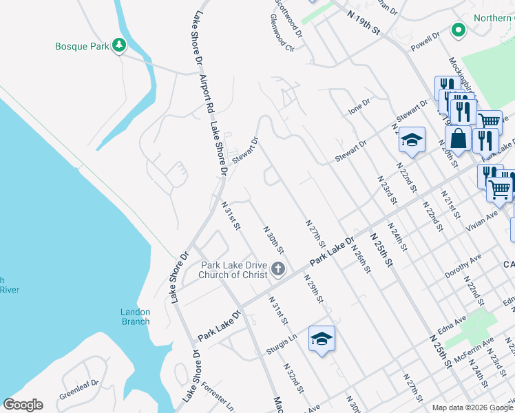 map of restaurants, bars, coffee shops, grocery stores, and more near 4117 North 30th Street in Waco