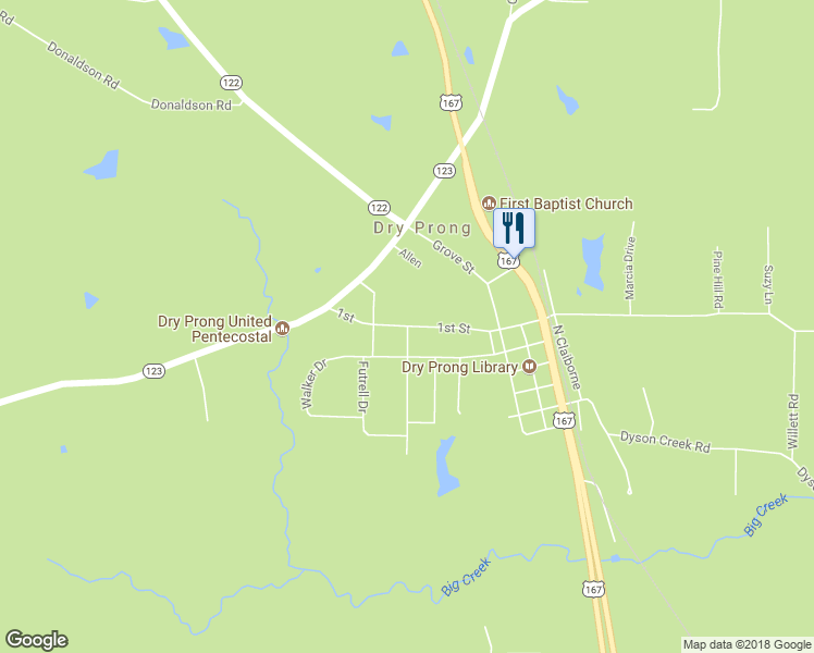 map of restaurants, bars, coffee shops, grocery stores, and more near 1st in Dry Prong