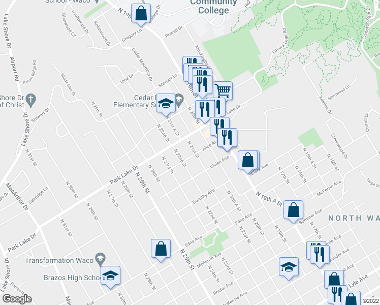 map of restaurants, bars, coffee shops, grocery stores, and more near 3704 North 21st Street in Waco