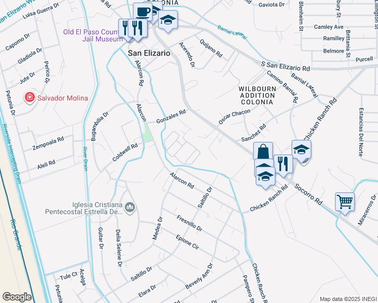 map of restaurants, bars, coffee shops, grocery stores, and more near 12960 Alnor Street in San Elizario
