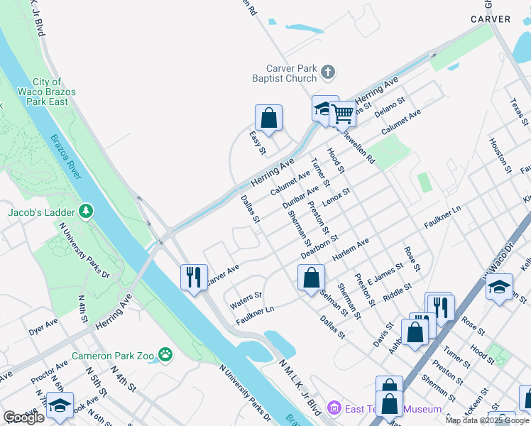 map of restaurants, bars, coffee shops, grocery stores, and more near 514 Dunbar Avenue in Waco